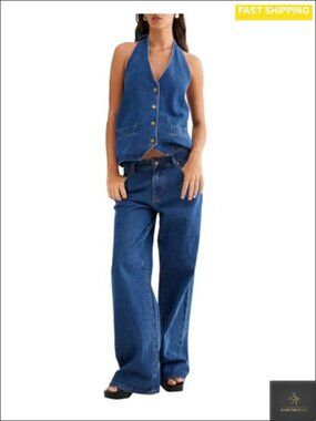 Two Piece Denim Set Button Down Tank Top Wide Leg Jeans Outfit
